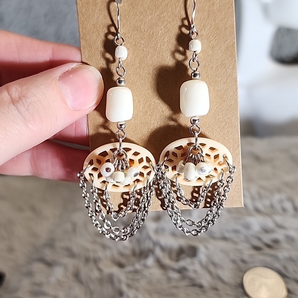 Cream and Silver Dangle Earrings - Picture 6 of 6